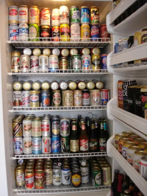 Camp Alibi's stocked beer refrigerator.