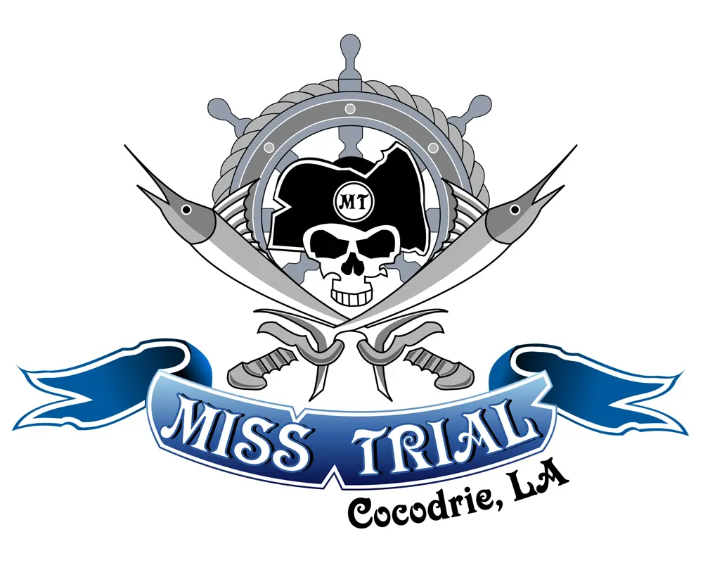 Miss Trial emblem with skull, wheel, crossed billfish, and Cocodrie, Louisiana ribbon.